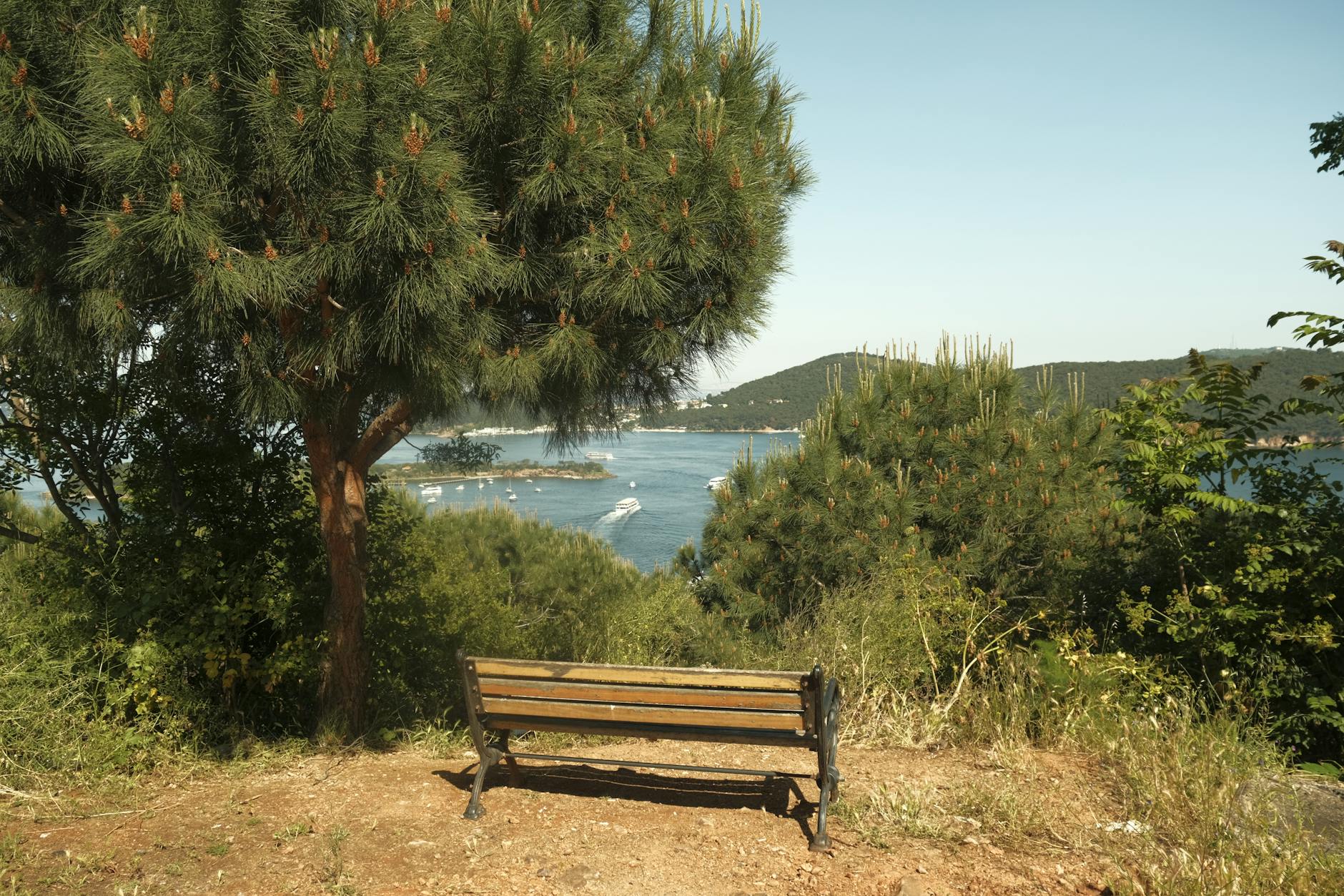 Un banco de madera frente al mar con barcos navegando cerca de Burgazada.